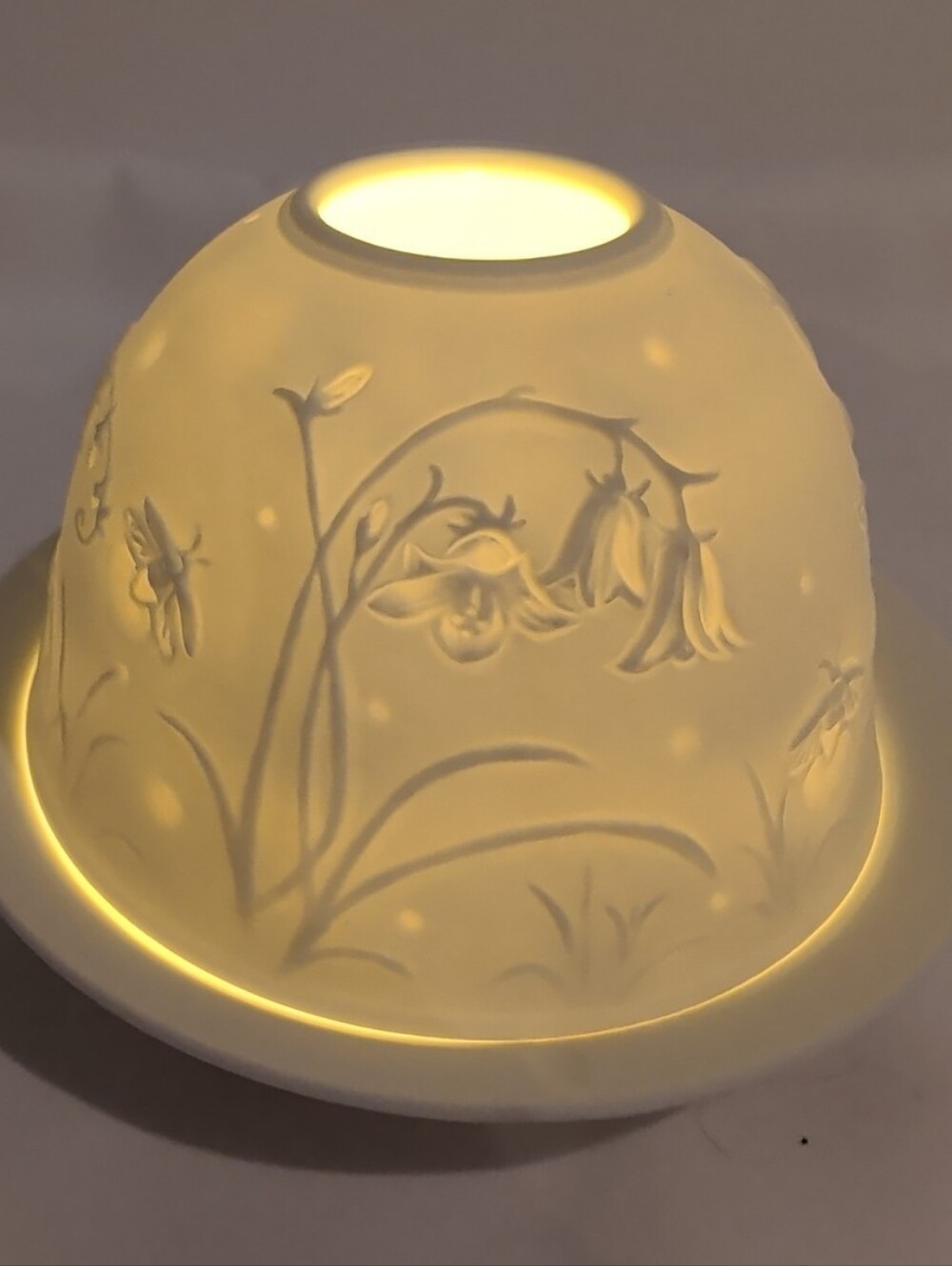 Fairy Lamp Porcelain Bisque Lithophane Fireflies & Bluebells Floral w/Light